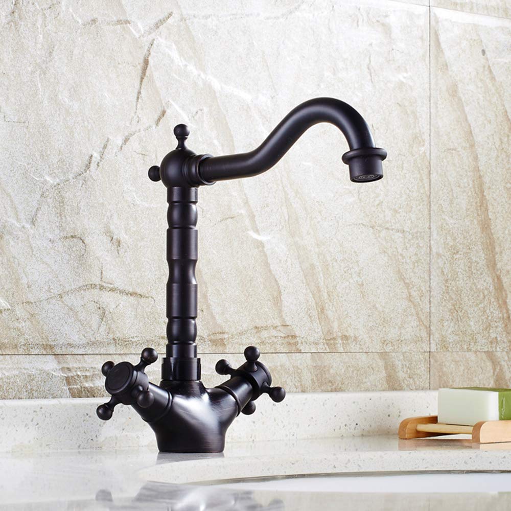 Grifo De Cocina con Doble Manija, Grifo De Fregadero De Cocina Montado En Cubierta De Latón con Grifo Mezclador De Agua Fría Y Caliente, Bronce Negro