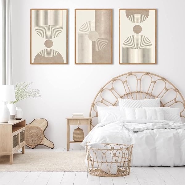 BINCUE Boho Abstrakte Wandkunst,beige braun neutrale Leinwand Wandbilder Rahmen,Moderne Wohnzimmer Wanddekoration,Geometrische Abstrakte Bilder,Moderne Boho Wanddeko Schlafzimmer Büro 30x40cm*3 - 5