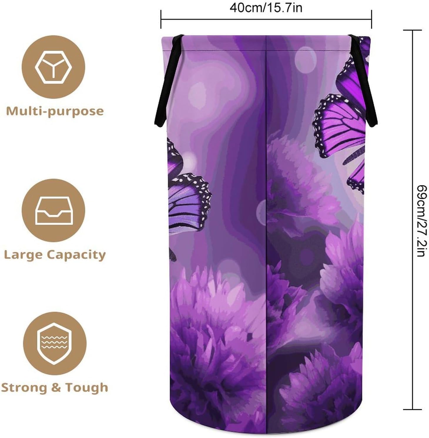 Purple Flower Butterflies Laundry Hamper with Handles Freestanding Large Laundry Basket Collapsible Clothes Hamper Waterproof Clothes Basket for Family Bathroom Decor Storage 86L