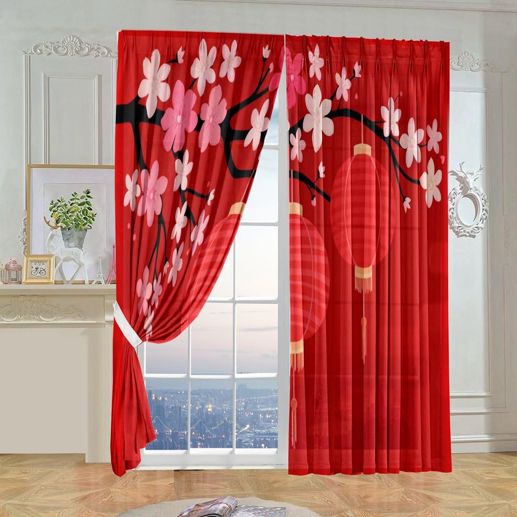 New Year Privacy Kitchen Curtains Traditional Chinese Lanterns Winter Flowers Light Filtering Semi Sheer Window Drapes for Bedroom, 39 Inch Length 2 Panels Each 27.5 Inch Wide