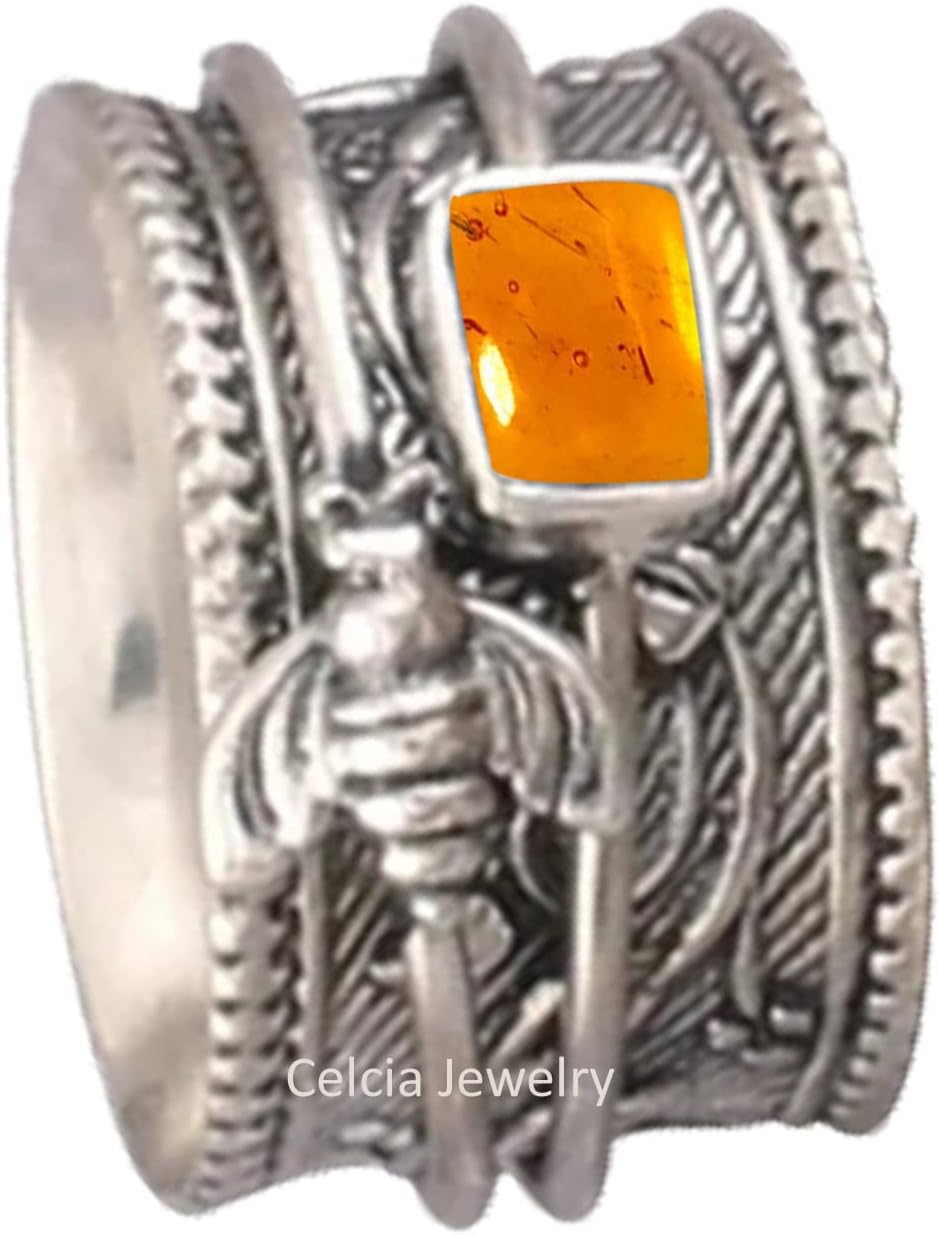 Solid 925 Sterling Silver Honey Bee Spinner Meditation Ring, Natural Abalone Shell Gemstone Ring