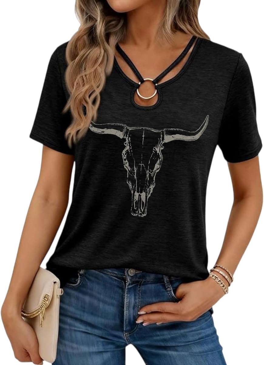 Women's Funny Graphic Keyhole Neck Shirt Sexy Cutout Ring Casual Short Sleeve Tee Tops - Amazon product rated Grade B