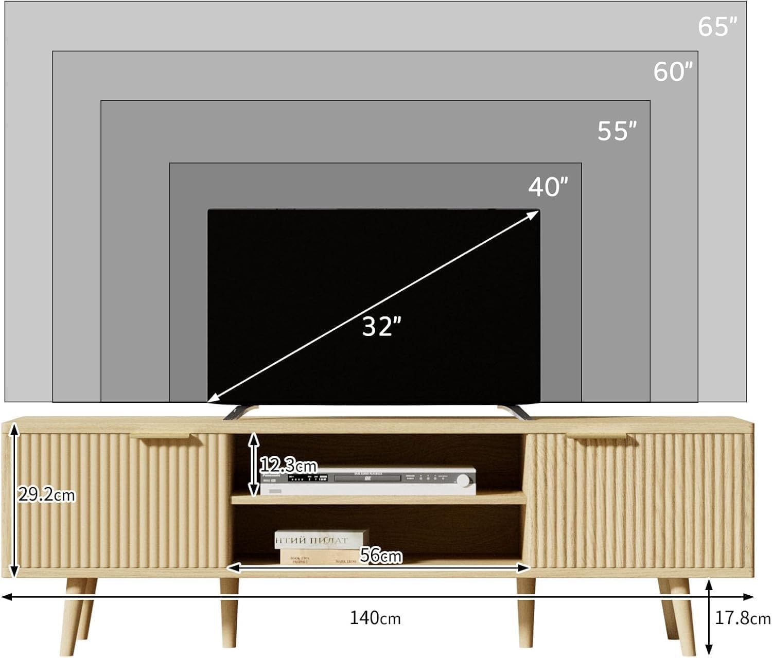 YLGJ&TIDY 140 CM Mueble de TV, Estilo Mid-Century Moderno Mesa de TV, 2 Almacenamiento Abierto & 2 Gabinetes Mueble Salon TV, Compatible con TV 55/60/65 Pulgadas, Madera Natural