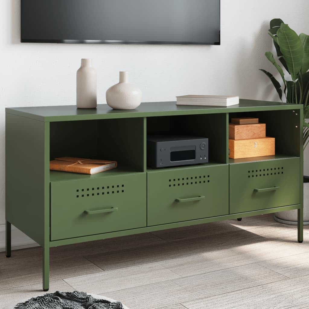Meuble TV vert olive bas en métal avec rangements pour salon