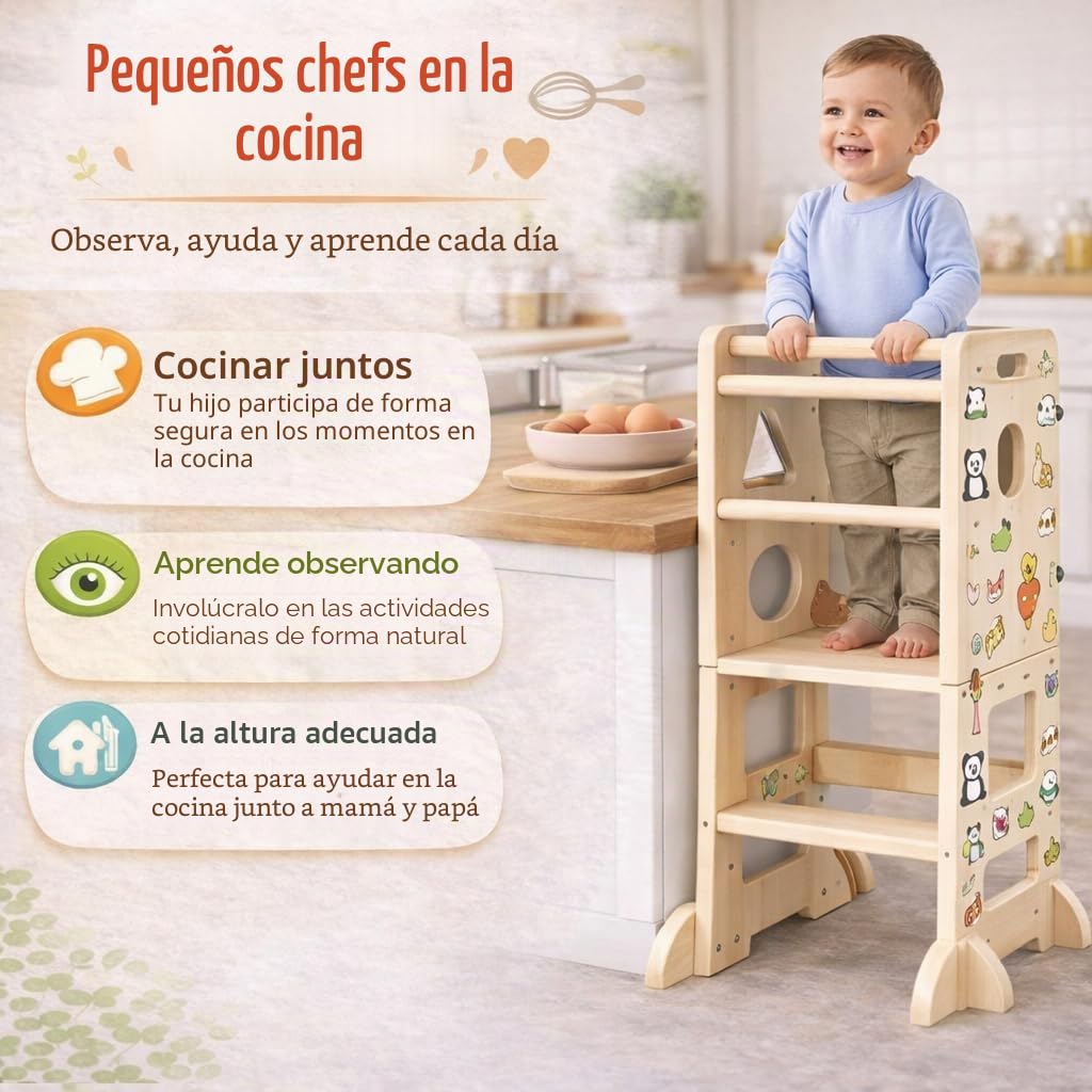 Torre de Aprendizaje Plegable 3 en 1 de Madera - Escalera Montessori Estable, Pizarra y Mesa Infantil Desde 18 Meses para Estimular Autonomía y Creatividad (120 Adhesivos Incluidos)