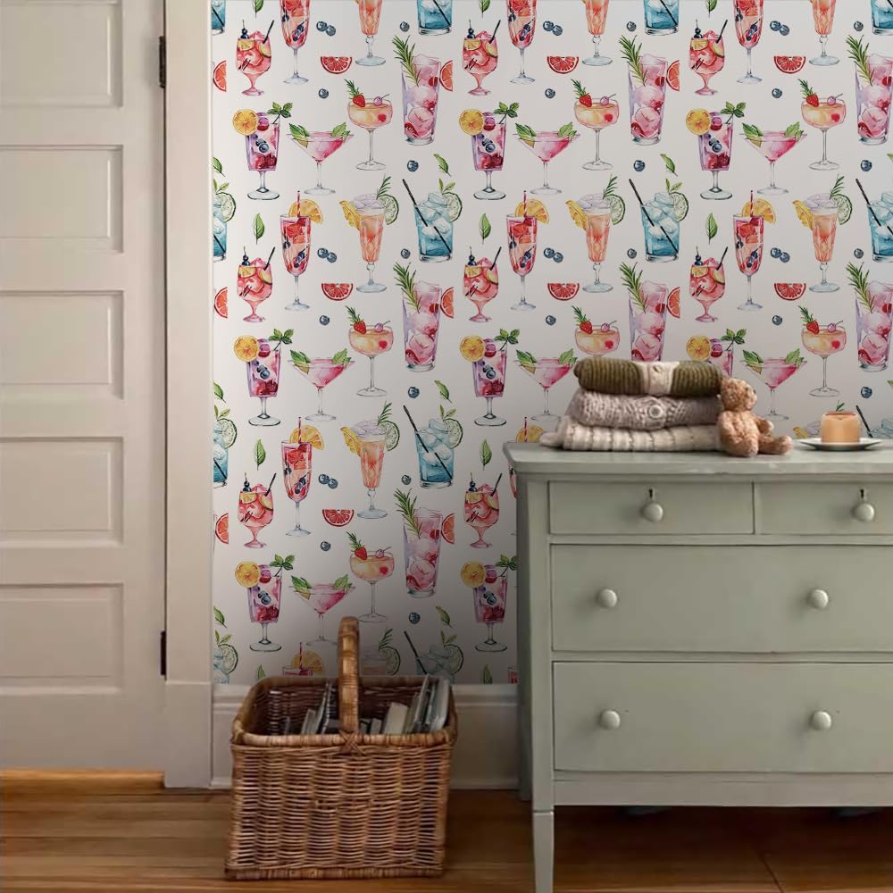 18"x236" Summer Cocktail Drink Modern Peel and Stick Self Adhesive Wallpaper Removable Contact Paper Stick on Easy Peel Off Wall Paper for Kitchen Bedroom Bathroom Renter