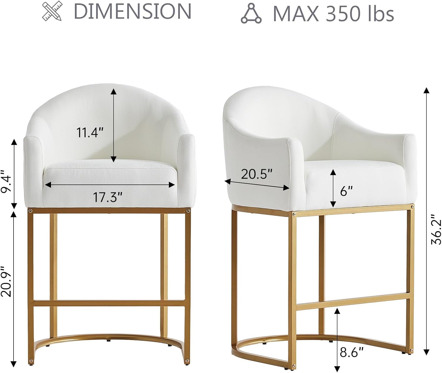 26" Modern Counter Height bar stools Set of 2 with Backs, upholstered Barrel Kitchen stools and Curved arms, Stylish bar Chairs for Island (White Fabric+Gold Metal)