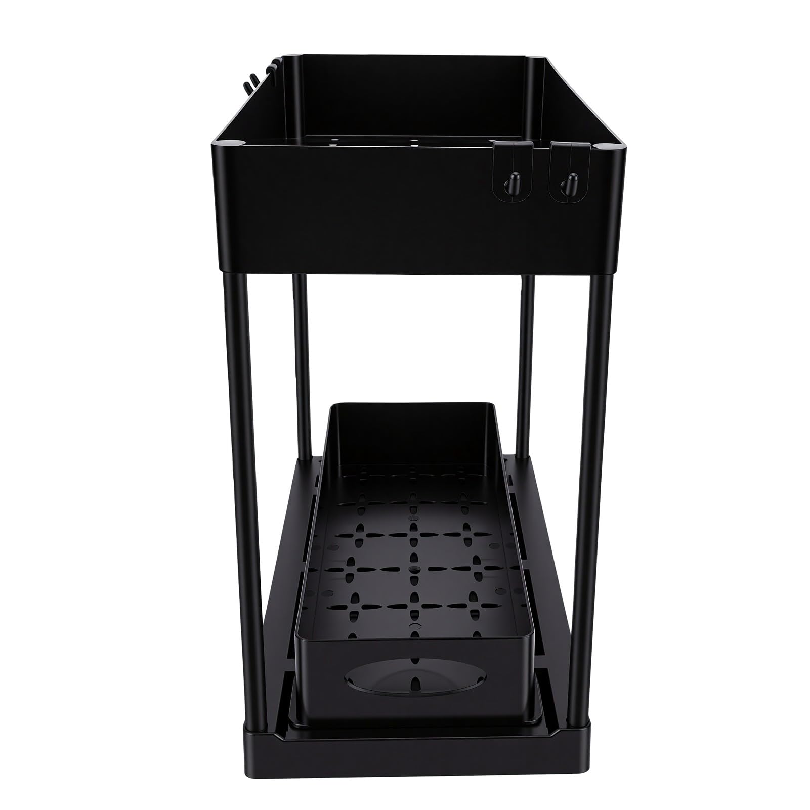 Portaoggetti Sotto il Lavello per e Bagno (Nera) | Organizer Scorrevole con Cassetto Cestello Estraibile con Design di Drenaggio e 4 Ganci per Prodotti per la Pulizia del