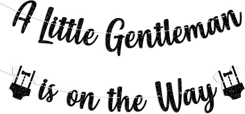A Little Gentleman is on The Way Banner - White Shirts Suit Bow Tie Baby Shower Decor, It's a Boy Gender Reveal Party Decorations Black Glitter