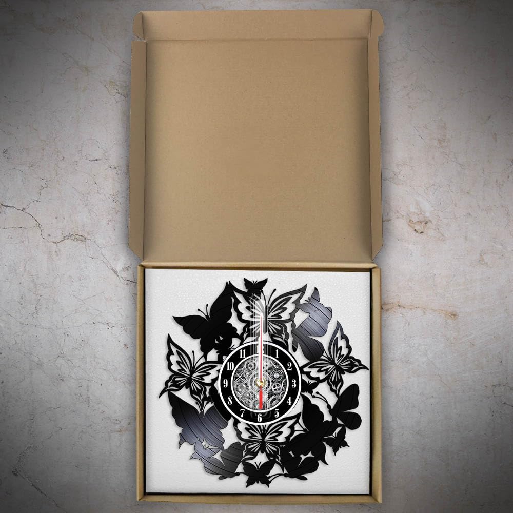 The Geeky Days Beautiful Butterfly Insects Shadow Vinyl Record Wall Clock Nursery Flower Garden Nature Home Decor Silent Movement Timepieces Re-purposed Music Album Laser Cut Longplay Wall Clock