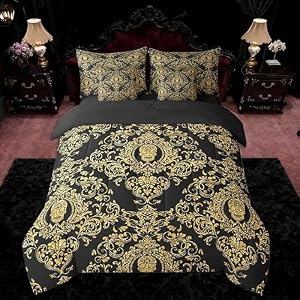 Feelyou Golden Vintage Damask Comforter Set with Sheets 7 Piece King
