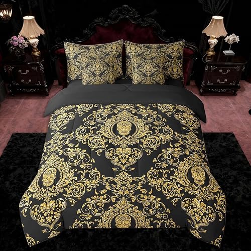 Feelyou Golden Vintage Damask Comforter Set with Sheets 7 Piece King