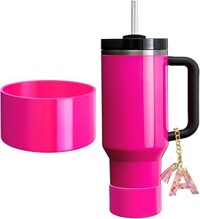 Neon Matte Luster Protective Silicone Boot with Letter Charm for Stanley/Simple Modern cup 20-40oz, Anti-Slip Sleeve Cover for More Tumblers and Water Bottles with 2.8-2.95in Base (Electric pink-M)