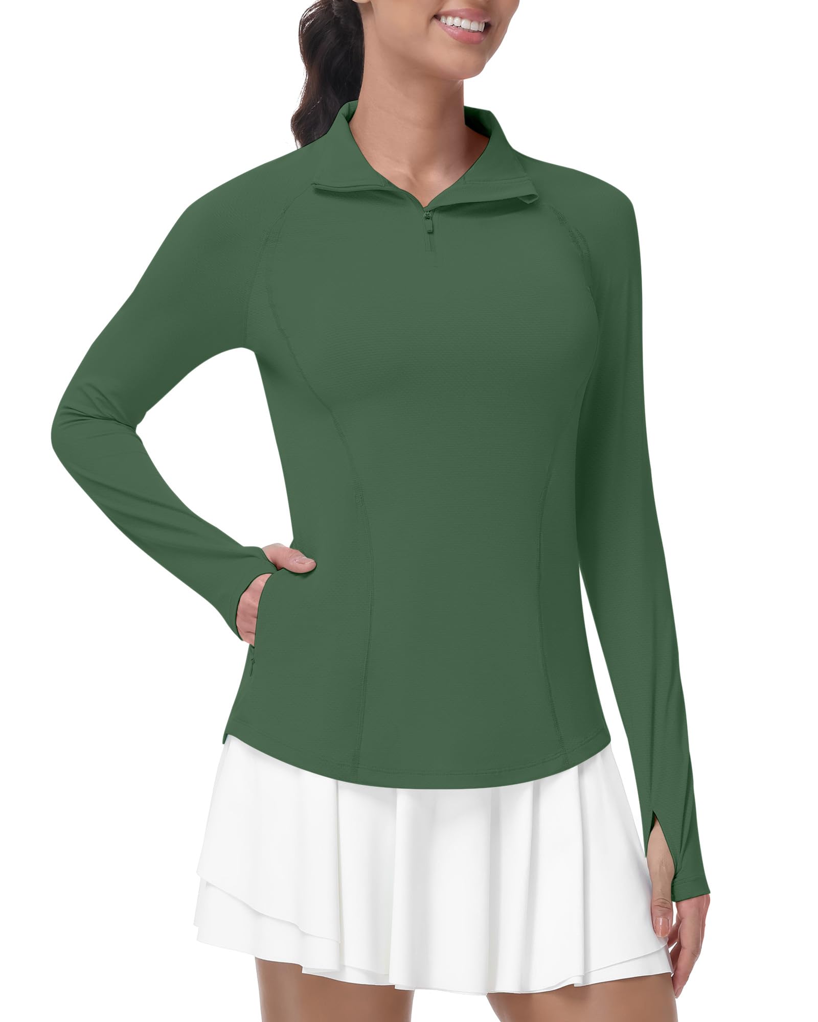 Runhit UV Shirt Damen Langarm UPF 50+ Sonnenschutz Sportshirt, Atmungsaktives Funktionsshirt mit 1/4 Reißverschluss Daumenloch & Taschen, Schnelltrocknendes Laufshirt für Gym Fitness Yoga & Outdoor