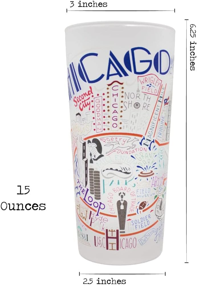 Catstudio Drinking Glass, Chicago Frosted Glass Cup for Kitchen, Drinking Glasses, 15oz Dishwasher Safe Tumbler, Wedding Gifts