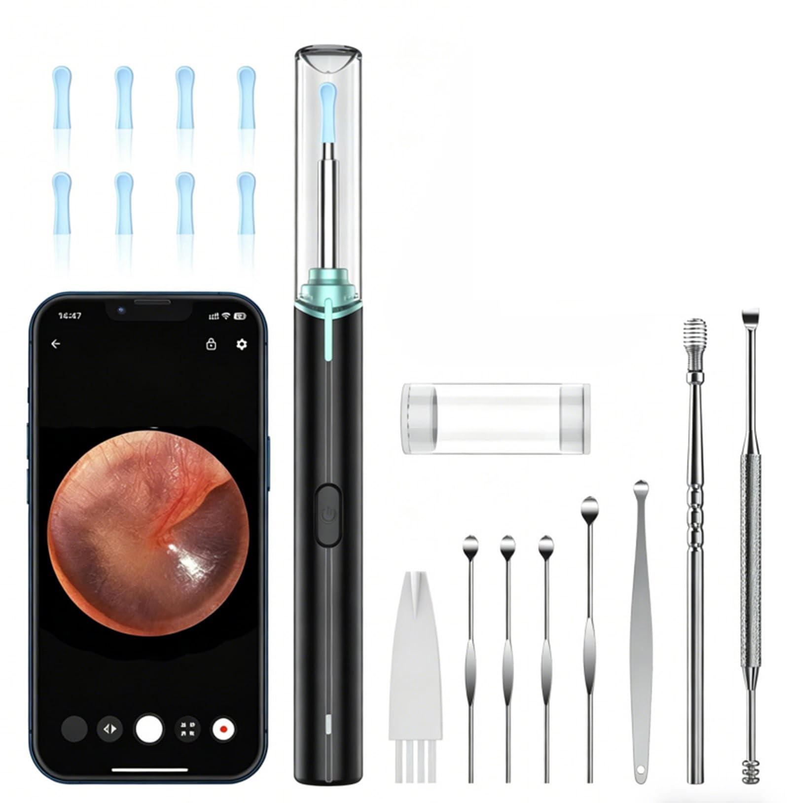 Ohrenschmalz Entferner, 1920P HD Ohrenreiniger mit Kamera, Ohrreiniger | Otoskop, 2 Jahre Garantie, IP67 Waterproof, 8 Ersatzaufsatze, Kompatibel mit Android-Smartphones, iPhones und iPads