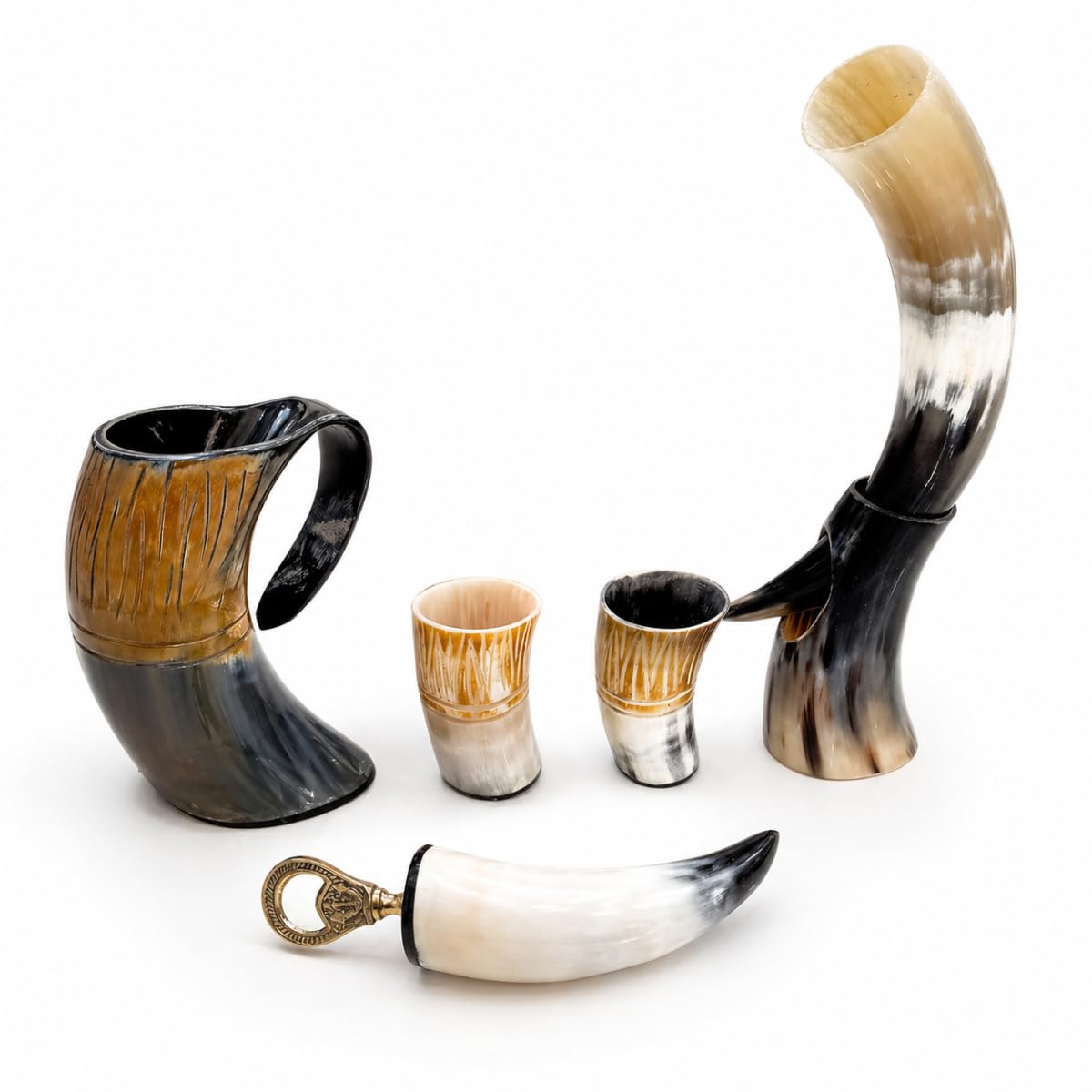 Drinking Horn Mug With Stand - Tanker - Bottle Opener - Shot Glass Viking Style Beer Wine Mead Mug For Gift Rustic Vintage Home Decor Gifts