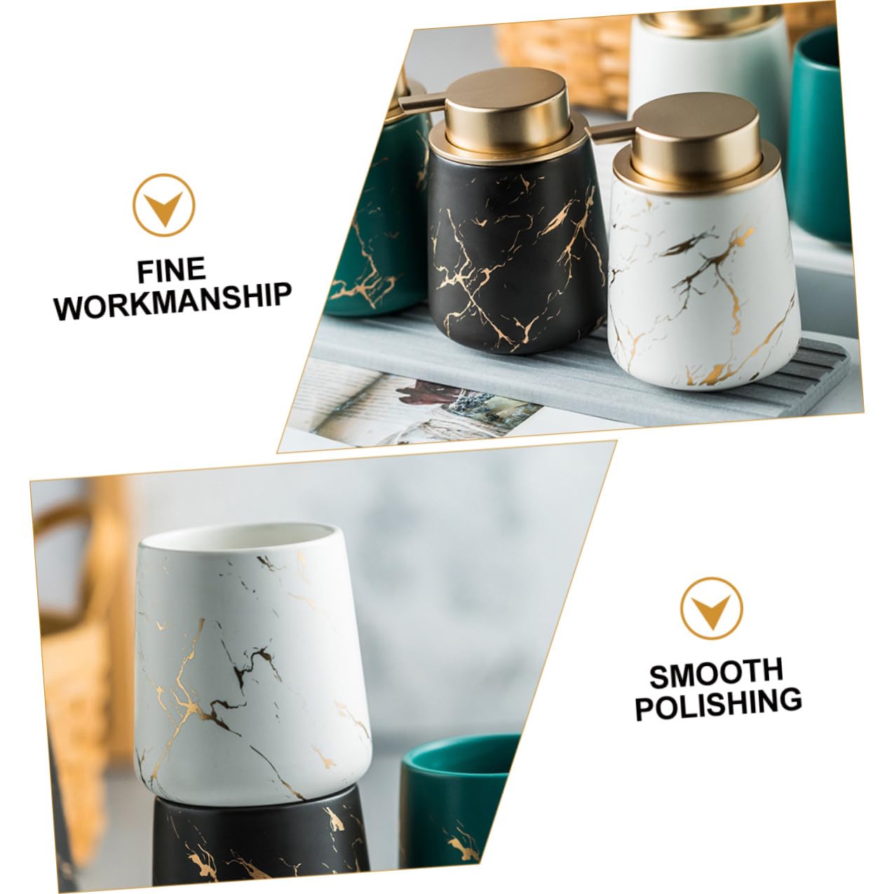DOITOOL Juego de Recipientes de Cerámica para Baño 4 Piezas Mate Diseño Mármol Incluye Porta Cepillos de Dientes Vaso para Enjuague Bucal Jabonera y Frasco para Loción Adecuado