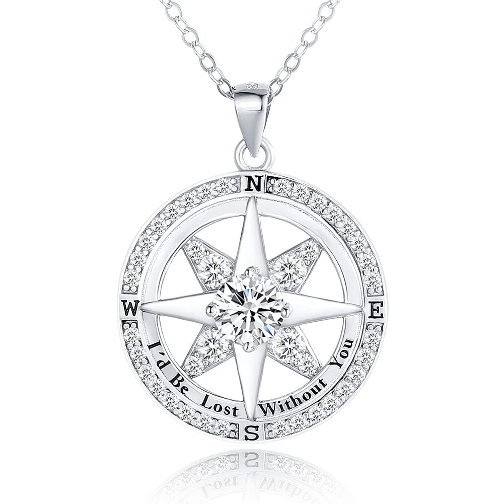 Birthday Gifts for Her Wife: Compass Necklace S925 Sterling Silver Engraved “I'd Be Lost Without You” Gold Disc Pendant Necklaces Wedding Jewelry Sentimental Gifts for Mom Girlfriend Best Friends Daughter Women