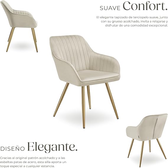 tectake® Dining Chair with Padded Velvet Upholstery, Elegant and Modern Kitchen Chair, Steel Legs, Easy Cleaning, Ideal Living Chair, Dressing Table, Bedroom – 1 Chair Cream/Gold