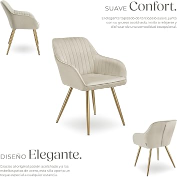 tectake® Dining Chair with Padded Velvet Upholstery, Elegant and Modern Kitchen Chair, Steel Legs, Easy Cleaning, Ideal Living Chair, Dressing Table, Bedroom – 1 Chair Cream/Gold