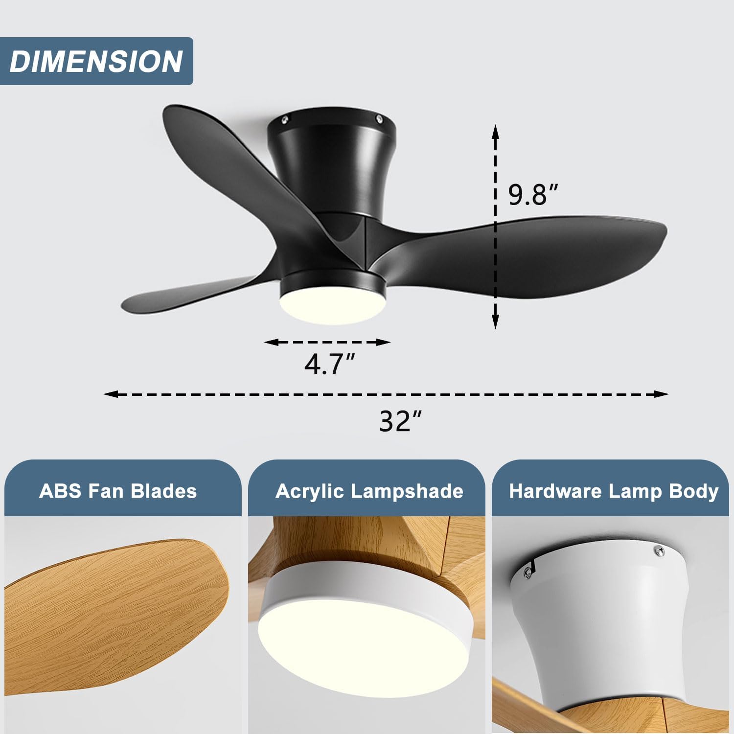 3-Blade 32 Inch Ceiling Fan with Lights and Remote Imitation Wood Flush Mount Mute Ceiling Fans Modern Simple Small Ceiling Fan with Light for Bedroom Living Room