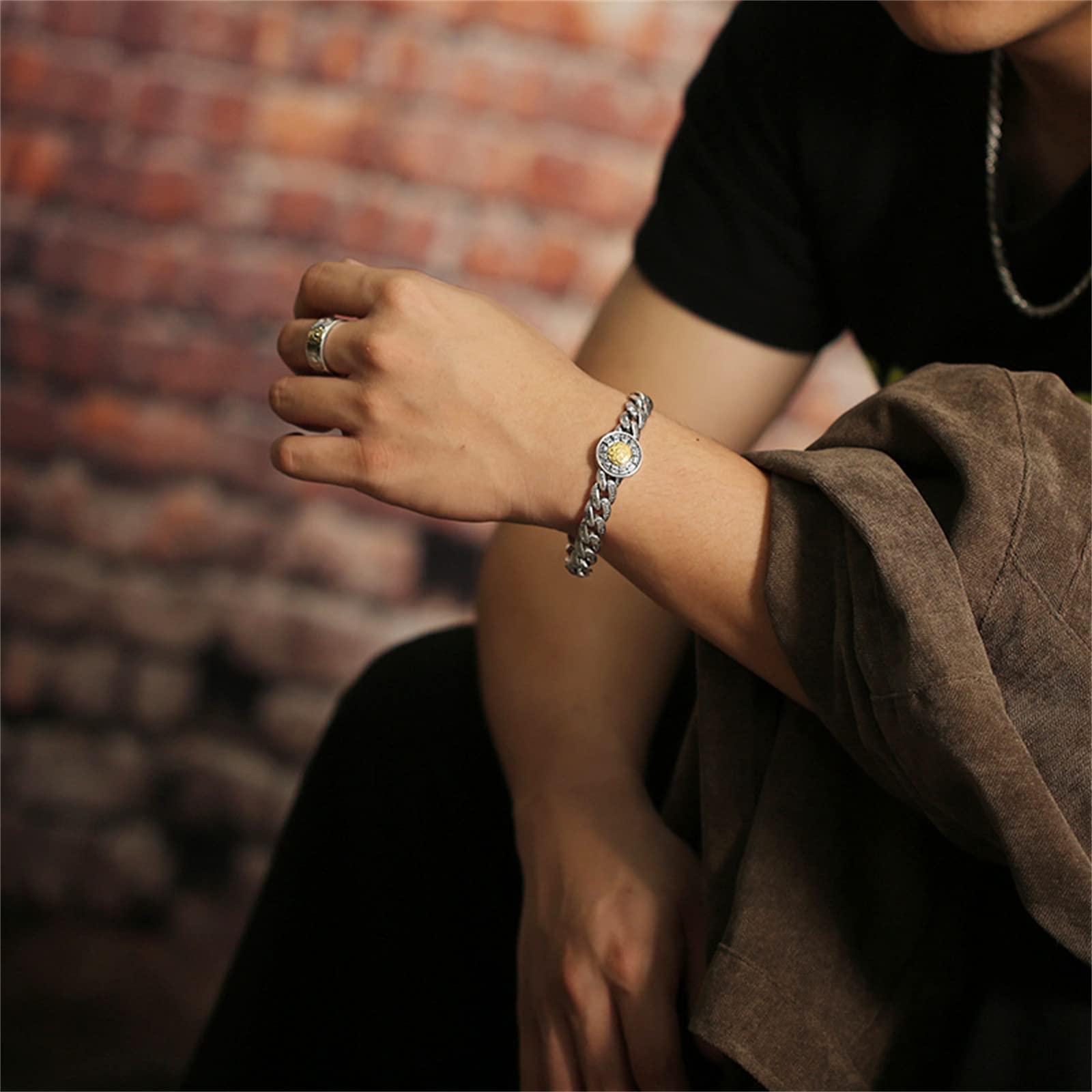 Brazalete del Zodíaco para Hombre Plata Ley S925, Brazalete Gótico Vintage Jiugong Bagua, Plata, 20 cm
