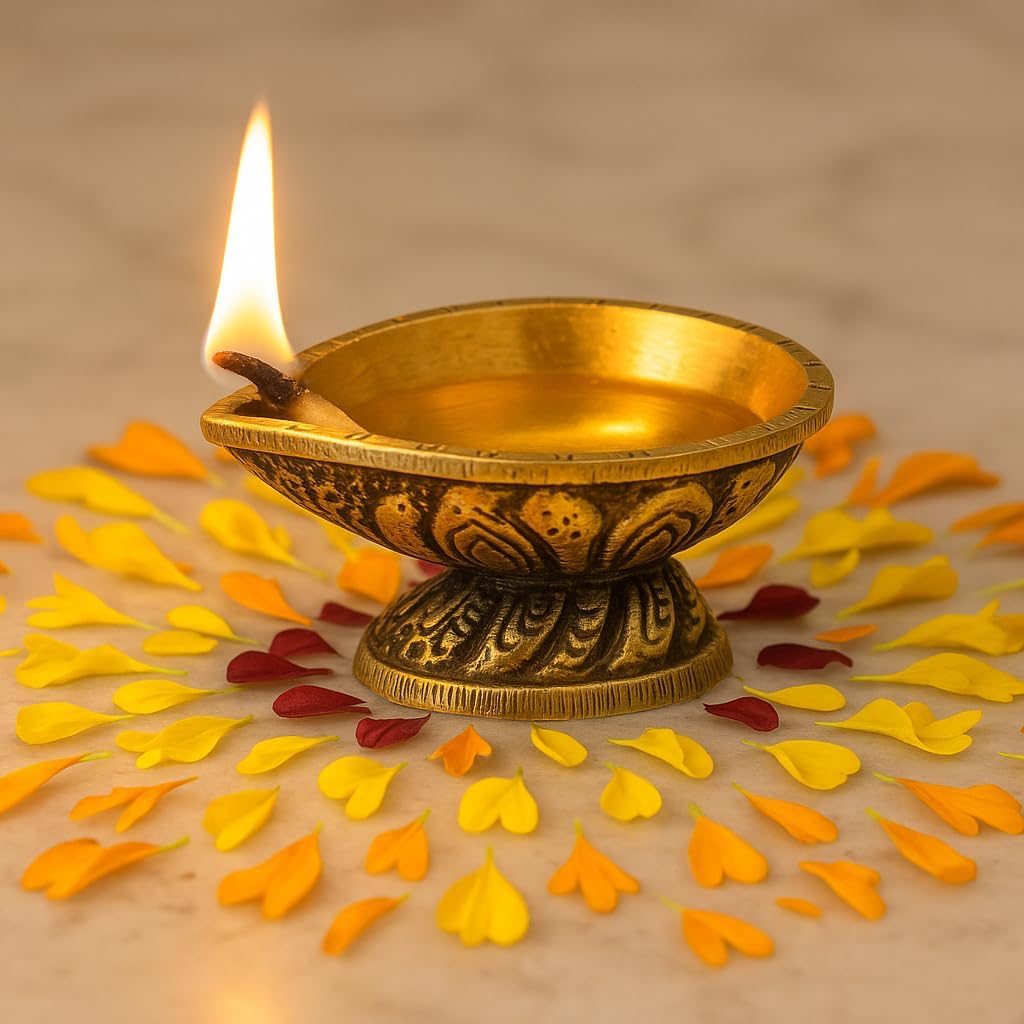 Indian-Shelf 3 Piece Brass Golden Oil lamp Kutthu Vilakku Diya Deepawali Indian Gift Item Traditional Panchmahal Pooja Deepam Jyoti Lighting in Bedroom & Mandir