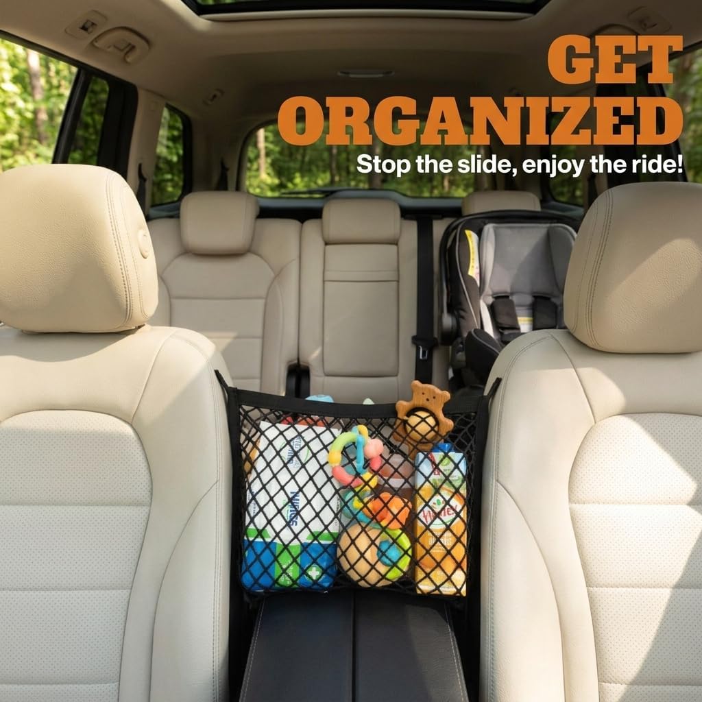 Car Seat Organizer Net, High Elastic Front & Rear Seat Storage Net, Multifunctional Mesh for Tissue Purse Phone Bottle Toy, Universal Foldable Accessory for Most Cars Trucks SUVs (Black) image 5