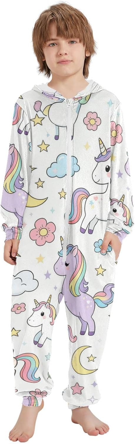 Cartoon Cute White UnicornUnisex Onesie PajamasSoft Warm Hooded Loungewear Sleepwearfor Christmas Home