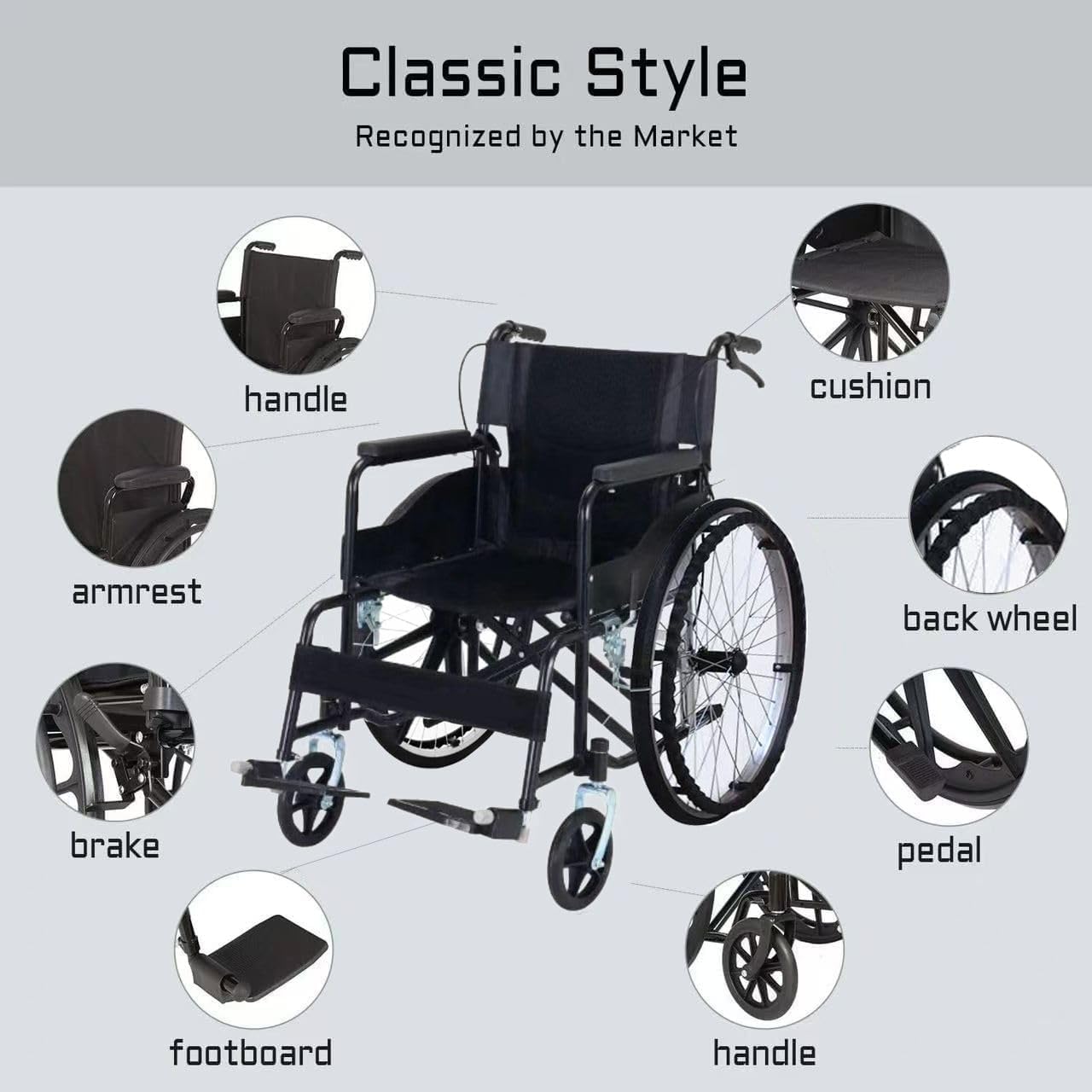 Silla de ruedas plegable, ligera, autopropulsada con ruedas grandes, silla de ruedas de tránsito con ruedas de liberación rápida, diseño resistente, asiento de 18.1 pulgadas
