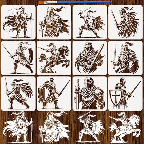 FINGERINSPIRE 12PCS Knight Stencils for Painting 11.8x11.8 Inch Medieval Knights Stencils Reusable Knight's Sword and Shield Painting Stencil Template with a Brush for DIY Art Craft Projects
