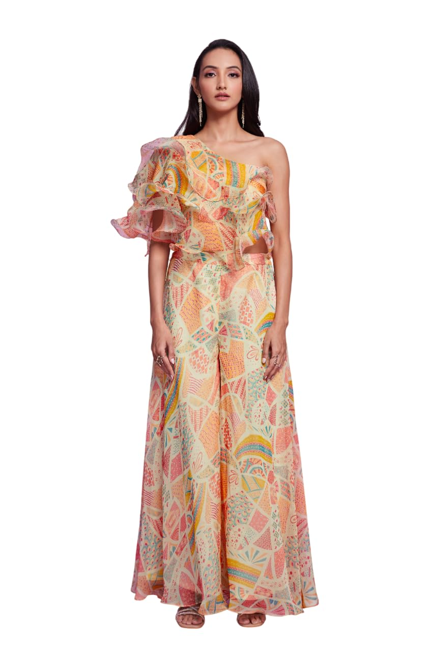 Three-Layered Ruffle Organza Top with Palazzo Pant Set, Floral Digital Print, One Shoulder, Multicolor, Fully Stitched Ready to Wear-image-10