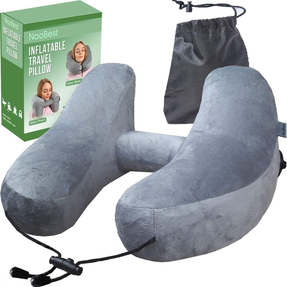 NaoBest Luxury Inflatable Travel Pillow Airplanes - Air Pillow w/Adjustable Neck Size - Supports Chin, Head - Soft Washable Cover - Cell Phone Pocket - Grey - Launch Offer