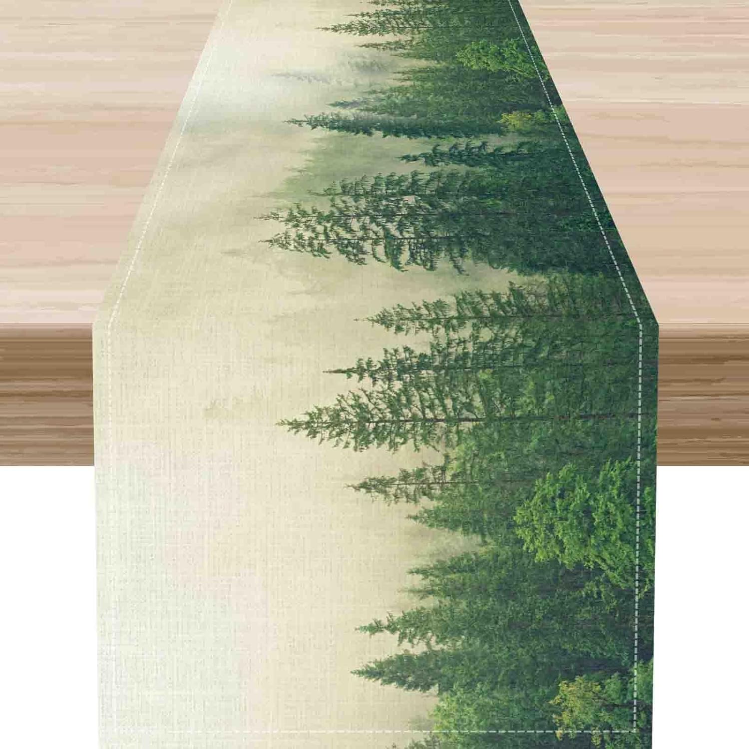Forest Table Runner, Rustic Farmhouse Misty Pine Tree Woodland Jungle Mountain Country Coffee Table Center Decor for Kitchen Dining Patio Holiday Party Indoor Outdoor Table Decorations, 13"x108" Inch