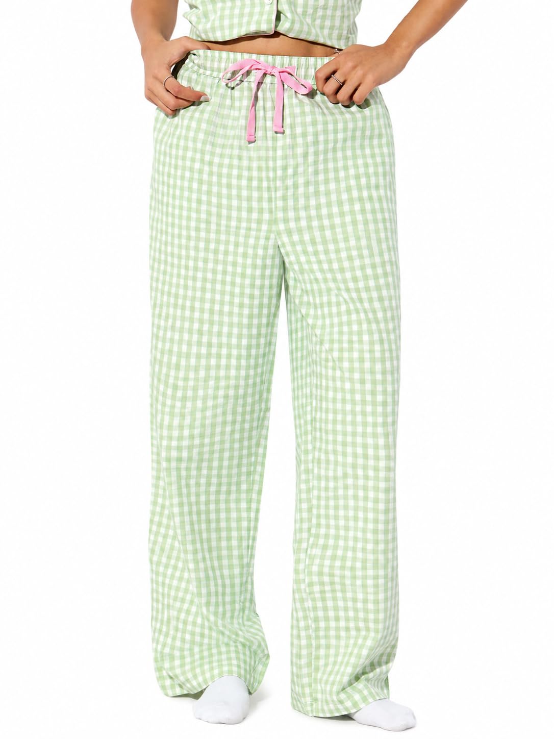 the souled store Plaid Lounge Pant: Sleepy Sage Women and Girls Mid Rise Straight Fit Cotton Plaids Lightweight Comfortable Relaxed Lounge Pants-picture-25