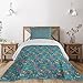 Ambesonne Dinosaur Party Coverlet, Pattern in Cartoon Style Prehistoric Period Illustration Plants and Volcanos, 2 Piece Decorative Quilted Bedspread Set with 1 Pillow Sham, Twin Size, Blue Orange