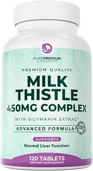 PurePremium Milk Thistle Supplement, 120 Tablets, 80% Silymarin Standardized Extract - High Potency Pure 450mg Complex – Supports Normal Liver Function & Overall Health – Non-GMO, Gluten-Fre