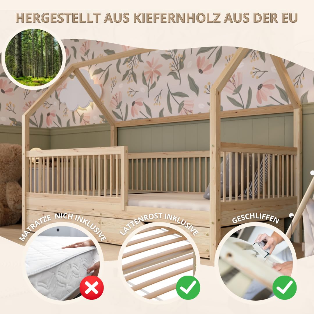 Hausbett – Montessori Kinderbett aus Massivholz mit Rausfallschutz – Sicheres Kinderbett aus Naturholz - Leichter Aufbau - Crazy Folly (Naturholz mit Schubladen, 160 x 80 cm)