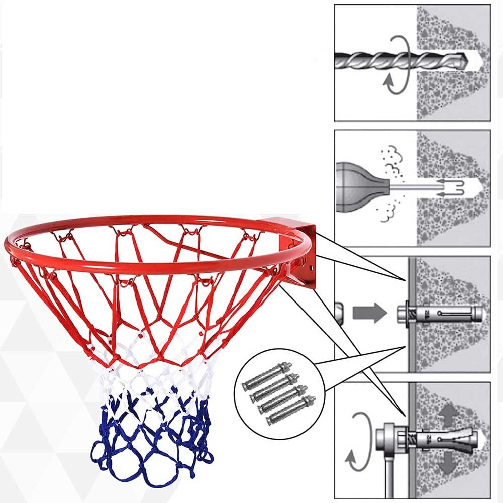 BAKAJI Canestro Basket Palla Canestro Regolamentare da Parete Muro Tabellone Anello in Metallo con Rete in Nylon Diametro 45cm Esterno Giardino Kit Montaggio Incluso Gioco Sport