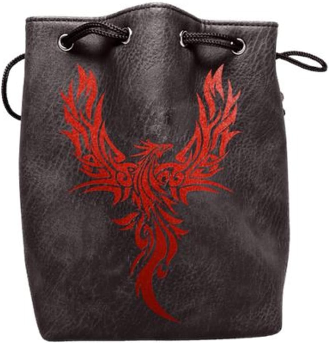 Black Leather Lite Large Dice Bag with Phoenix Design - Black Faux Leather Exterior with Lined Interior - Stands Up on its Own and Holds 400 16mm Polyhedral Dice