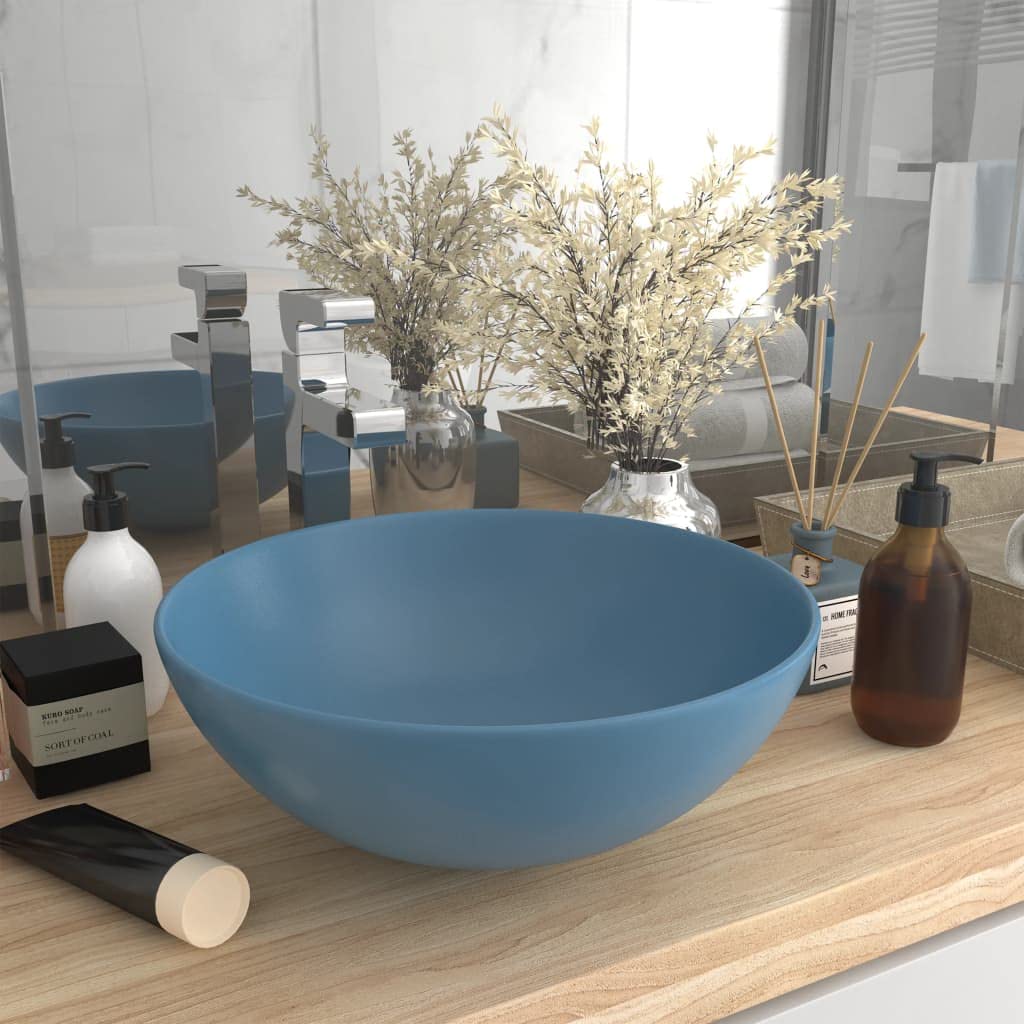 HOMIUSE 28x28x10 cm Lavabo Colgante Lavabo Sobre Encimera con Desagüe Azul Claro Mate Lavabo Baño Lavabo de Lujo Redondo Cerámica Lavamanos Baño Lavabo Piedra Lavabo Suspendido