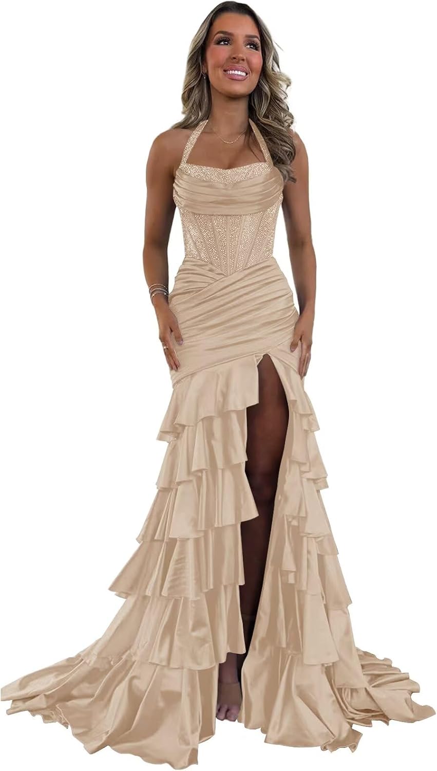 Eightale Satin Mermaid Corset Prom Dress Long Tiered Ruffle Halter Formal Evening Party Gown