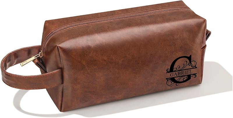Necessaire masculina JSENGIFT Gabriel em couro marrom, com zíper e alça para pendurar