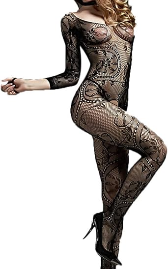 Womens Sexy Lace Fishnet Bodysuit Long Sleeve Mesh See Through Jumpsuit