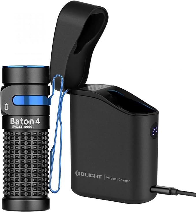 OLIGHT Linterna EDC Baton 4 Premium | Potencia de 1300 lúmenes | Cargador inalámbrico incluido | Autonomía de 190 días (Negro)