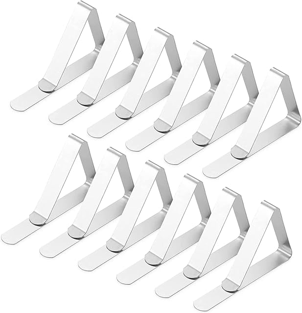 12Pcs Table Cloth Clips Indoor Outdoor Stainless Steel Tablecloth Clips Adjustable Table Cloth Holders Table Cover Clamps for Home, Dining, Garden, Weddings, Picnic, Party, Outside, Dinners (Triangle)