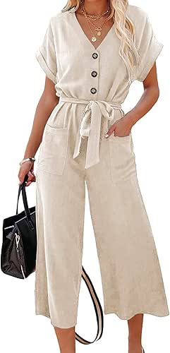 Acelitt Women Casual V Neck Short Sleeve Button Belted Wide