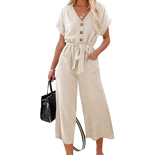 Acelitt Women Casual V Neck Short Sleeve Button Belted Wide Leg Jumpsuits,S-XXL