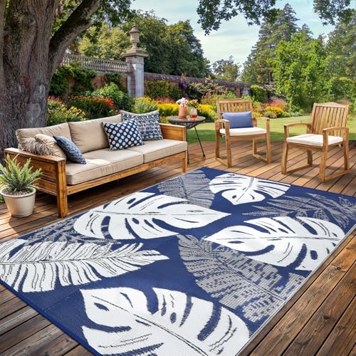 GarveeHome Outdoor Rug Waterproof 9x12 Reversible Outdoor Plastic Straw Rug Tropics Palm Leaves Patio Rug Indoor Outdoor Carpet RV Mat for Deck Backya